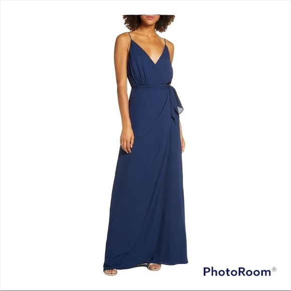 NWT WAYF Navy Blue Faux Wrap Wynona V Neck Maxi Gown Dress Size Large - Picture 2 of 8
